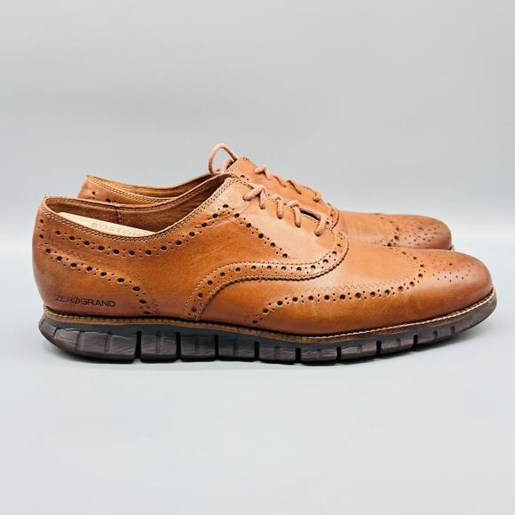 Cole Haan Shoes Mens 13 Brown British Tan Leather Oxford Zerogrand Wingtip Dress - Picture 1 of 10